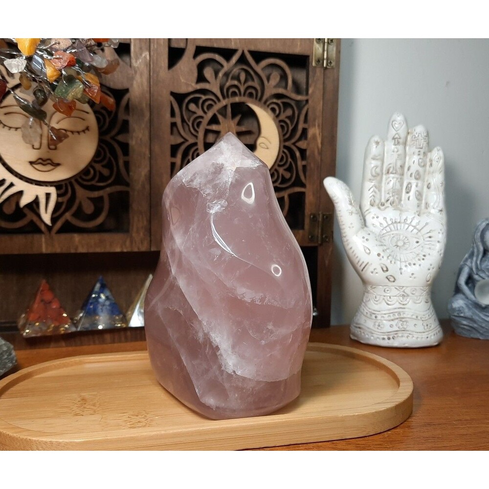1.34lb High Quality Natural Polished Carved Rose Quartz Crystal Flame Free-form
